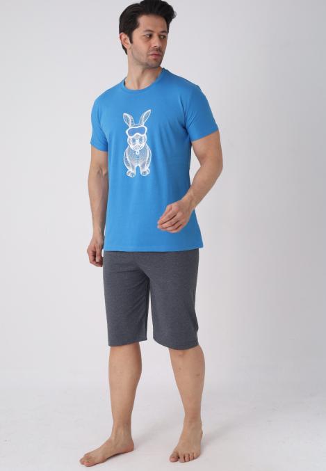 Pijama barbat cu maneca scurta si pantaloni 3/4, culoare albastru, Engros